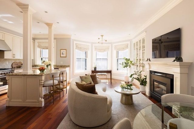 392 Marlborough St Unit 3, Boston, MA 02115 - living room featuring ornamental molding, dark wood finished floors, and decorative columns