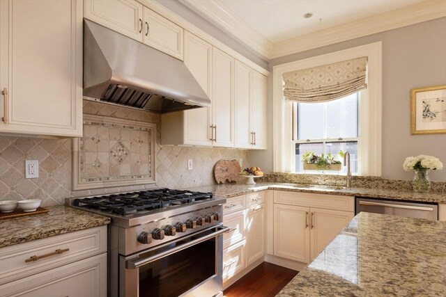 392 Marlborough St Unit 3, Boston, MA 02115 - kitchen with a sink, tasteful backsplash, under cabinet range hood, appliances with stainless steel finishes, and light stone counters