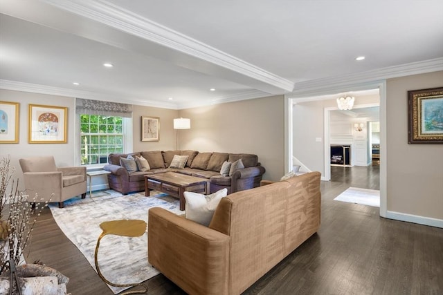 86 Waban Ave, Newton, MA 02468 - living area featuring dark wood finished floors, crown molding, and recessed lighting