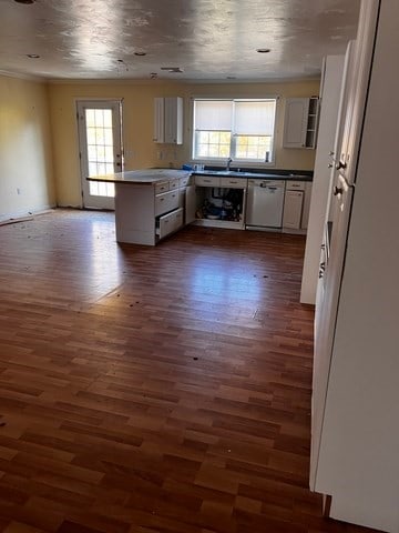 kitchen with dishwasher, dark hardwood / wood-style floors, white cabinetry, and a wealth of natural light