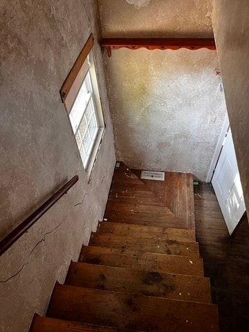 stairway with hardwood / wood-style floors