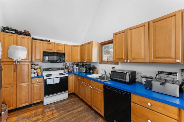 kitchen featuring vaulted ceiling, sink, dark hardwood / wood-style flooring, and black appliances