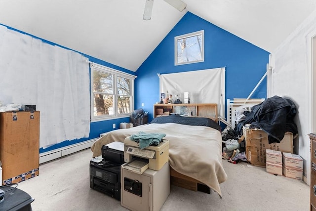 bedroom featuring ceiling fan, a baseboard radiator, and lofted ceiling