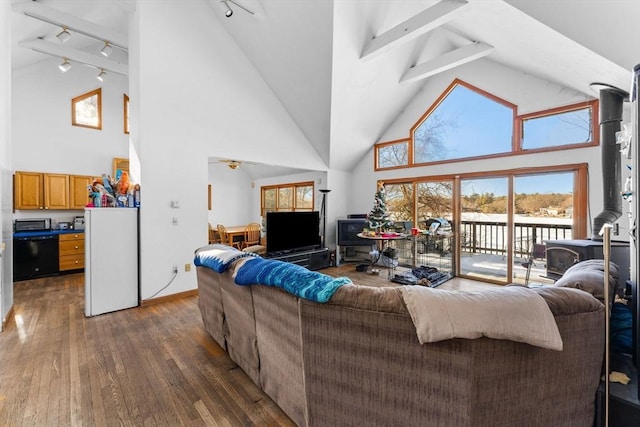 living room featuring track lighting, dark hardwood / wood-style floors, high vaulted ceiling, and beam ceiling