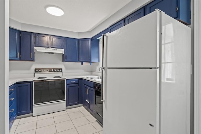 728 Auburn St Unit E4, Whitman, MA 02382 - kitchen featuring white appliances, under cabinet range hood, blue cabinetry, and light countertops