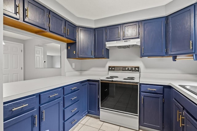 728 Auburn St Unit E4, Whitman, MA 02382 - kitchen with white electric stove, under cabinet range hood, light tile patterned floors, blue cabinetry, and light countertops