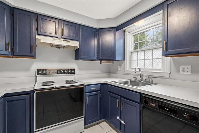 728 Auburn St Unit E4, Whitman, MA 02382 - kitchen with white electric range, dishwasher, under cabinet range hood, blue cabinets, and light countertops