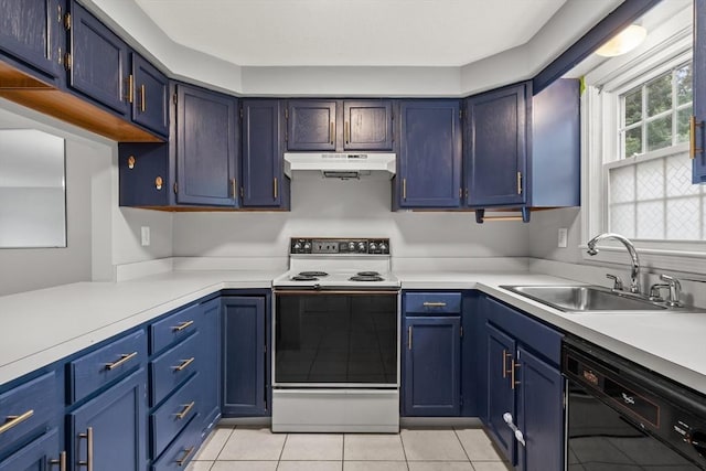 728 Auburn St Unit E4, Whitman, MA 02382 - kitchen with electric range oven, under cabinet range hood, black dishwasher, and blue cabinetry