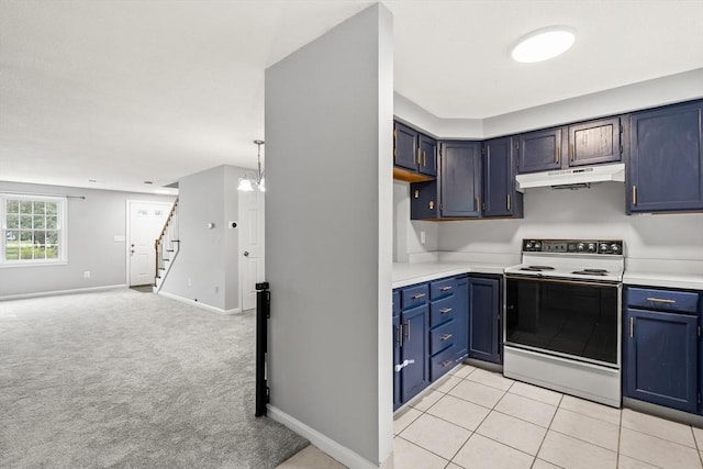 728 Auburn St Unit E4, Whitman, MA 02382 - kitchen with white range with electric cooktop, under cabinet range hood, light countertops, and open floor plan