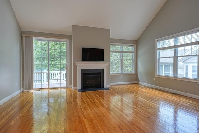 39 Balancing Rock Dr Unit 39, Holliston, MA 01746 - unfurnished living room featuring light wood finished floors, a fireplace with flush hearth, and vaulted ceiling