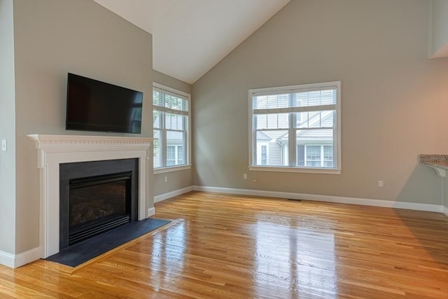 39 Balancing Rock Dr Unit 39, Holliston, MA 01746 - unfurnished living room featuring a glass covered fireplace, wood finished floors, and high vaulted ceiling