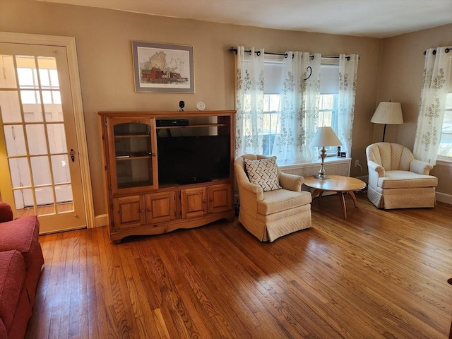 sitting room featuring wood-type flooring, plenty of natural light, and a baseboard heating unit