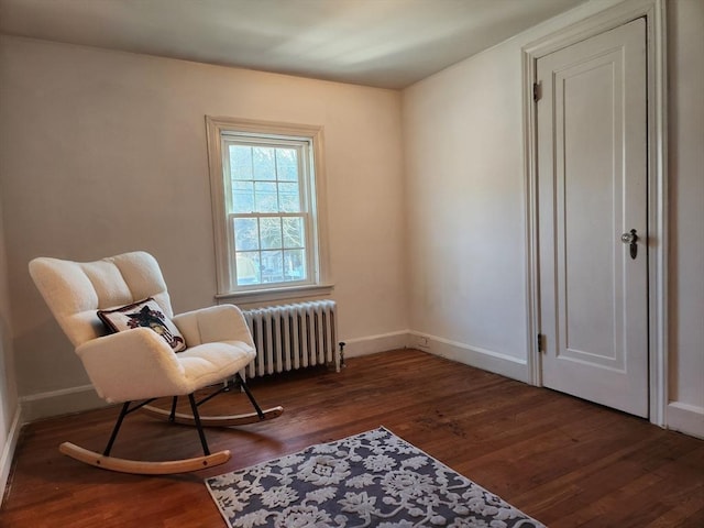 sitting room featuring dark hardwood / wood-style flooring and radiator