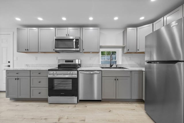 37 Fountain Rd Unit 2, Arlington, MA 02476 - kitchen with stainless steel appliances, a sink, gray cabinetry, light wood-type flooring, and recessed lighting