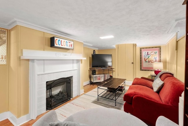 living room featuring crown molding, baseboards, wood finished floors, and a fireplace