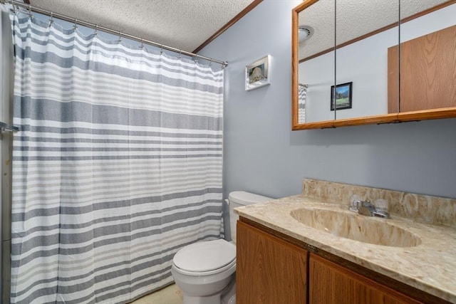 1 Joy St, Franklin, MA 02038 - bathroom featuring a textured ceiling, vanity, crown molding, and curtained shower