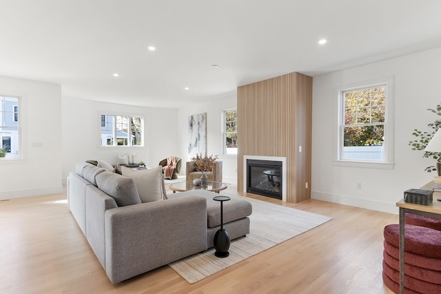 living room featuring a large fireplace, light hardwood / wood-style flooring, and plenty of natural light