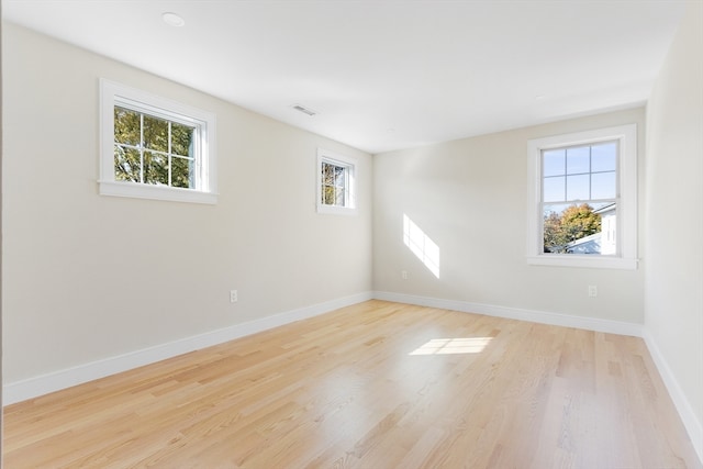 empty room with a wealth of natural light and light hardwood / wood-style floors