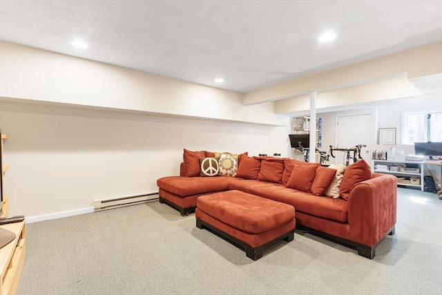 carpeted living area featuring a baseboard heating unit, recessed lighting, and baseboards