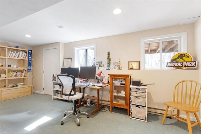 home office featuring recessed lighting, a baseboard radiator, baseboards, and carpet flooring