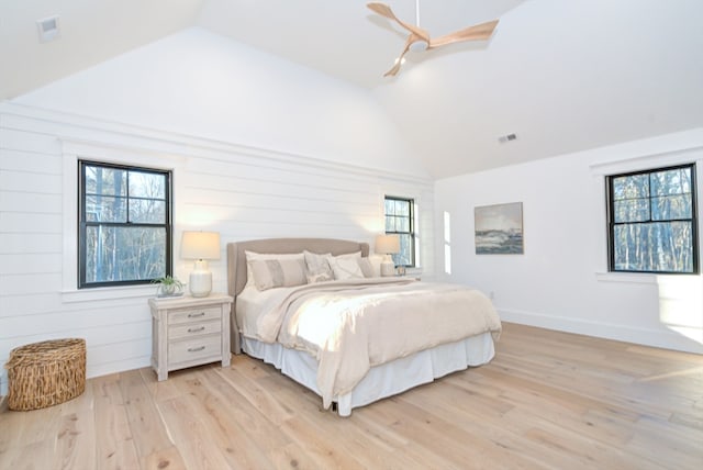 bedroom featuring ceiling fan, light hardwood / wood-style flooring, vaulted ceiling, and wooden walls