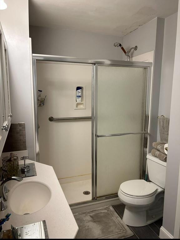 full bath featuring a sink, toilet, and a shower stall