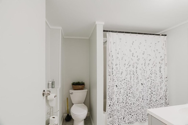 full bath with toilet, ornamental molding, and vanity