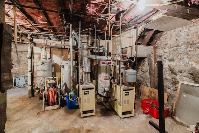utility room featuring gas water heater and a heating unit