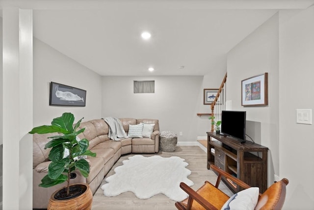 25 Conant St Unit 1, Danvers, MA 01923 - living area featuring light wood finished floors, stairs, recessed lighting, and baseboards