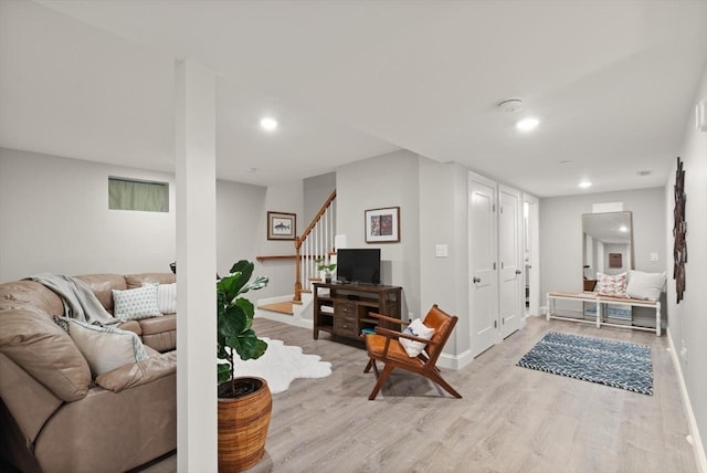25 Conant St Unit 1, Danvers, MA 01923 - living room featuring light wood-type flooring, stairs, baseboards, and recessed lighting