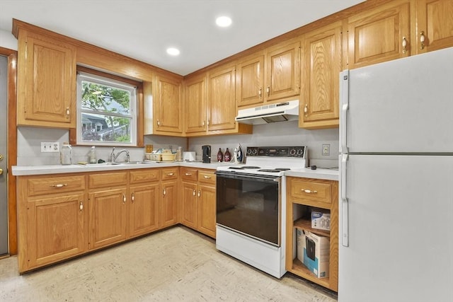 40 Winslow Rd, Quincy, MA 02171 - kitchen featuring white appliances, under cabinet range hood, light countertops, recessed lighting, and light floors