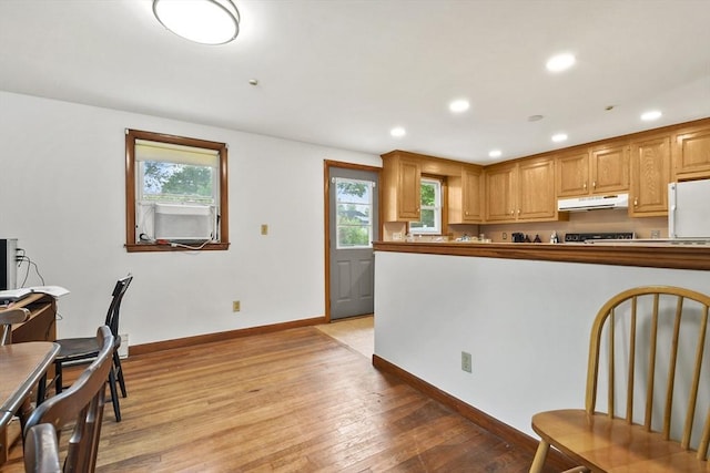 40 Winslow Rd, Quincy, MA 02171 - kitchen with under cabinet range hood, freestanding refrigerator, light wood-type flooring, recessed lighting, and cooling unit