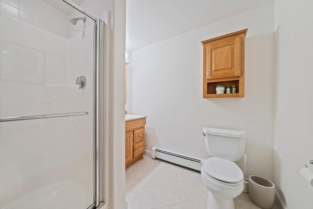 bathroom with walk in shower, vanity, toilet, tile patterned floors, and a baseboard radiator