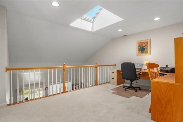 office area with recessed lighting, carpet floors, and lofted ceiling with skylight