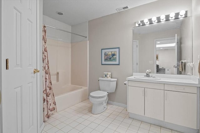 full bath featuring tile patterned flooring, toilet, vanity, visible vents, and shower / tub combo