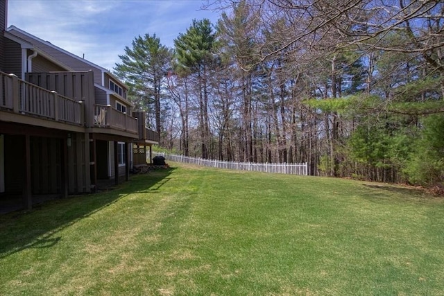 view of yard with a deck and fence