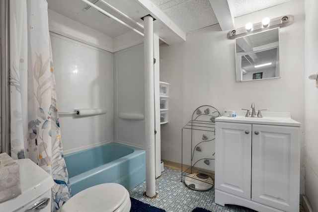 full bathroom with vanity, shower / bathtub combination with curtain, tile patterned floors, and toilet
