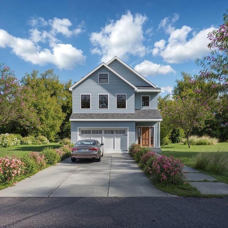 traditional-style home featuring concrete driveway, an attached garage, and a front lawn