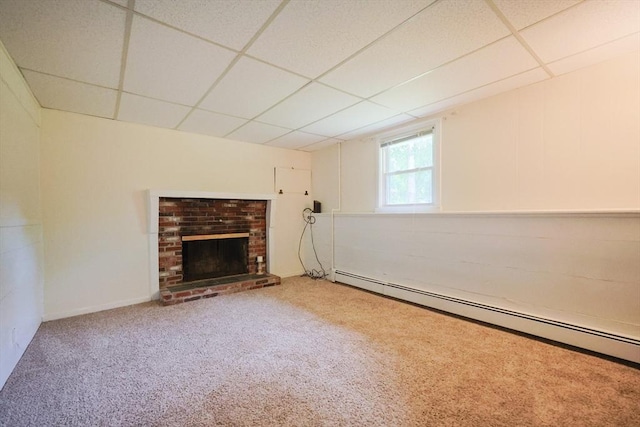 286 Mountain St, Sharon, MA 02067 - unfurnished living room with a baseboard heating unit, a drop ceiling, carpet, and a fireplace
