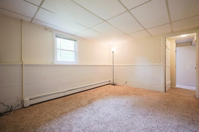 286 Mountain St, Sharon, MA 02067 - below grade area featuring a baseboard radiator, a drop ceiling, and carpet flooring