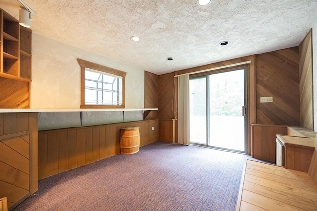286 Mountain St, Sharon, MA 02067 - bar featuring wooden walls, carpet floors, a textured ceiling, and recessed lighting