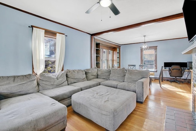 living room with ceiling fan, light wood finished floors, beamed ceiling, and crown molding