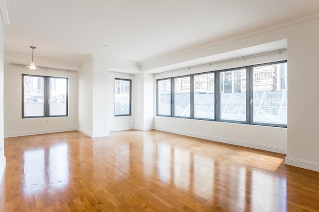 spare room with light hardwood / wood-style floors and ornamental molding