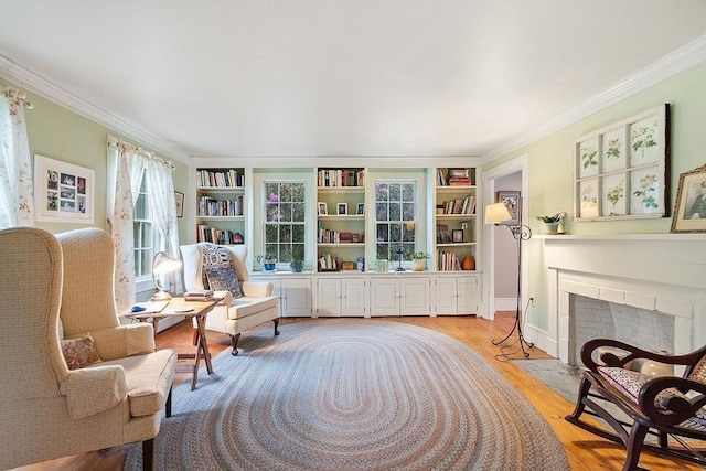 34 Fletcher Ln, Littleton, MA 01460 - sitting room with light wood-style floors, ornamental molding, built in features, a fireplace with flush hearth, and baseboards