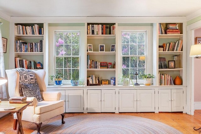34 Fletcher Ln, Littleton, MA 01460 - living area featuring crown molding, light wood-type flooring, and built in features