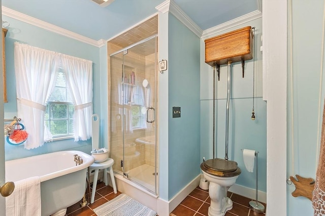 34 Fletcher Ln, Littleton, MA 01460 - full bath featuring a soaking tub, ornamental molding, tile patterned floors, a shower stall, and baseboards