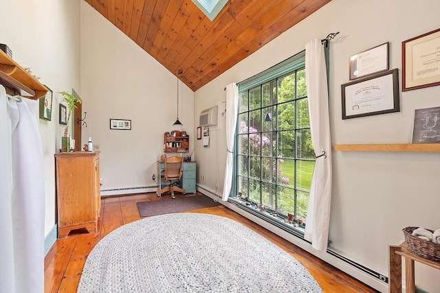 34 Fletcher Ln, Littleton, MA 01460 - entryway featuring wood finished floors, a baseboard heating unit, wood ceiling, and high vaulted ceiling