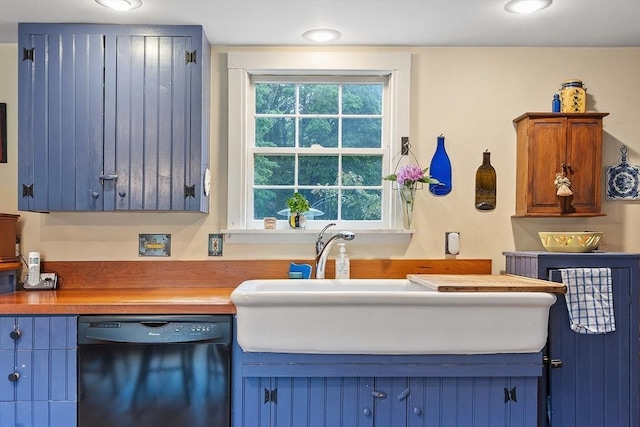 34 Fletcher Ln, Littleton, MA 01460 - kitchen with dishwasher, a sink, and blue cabinetry