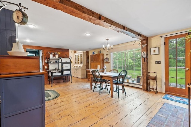 34 Fletcher Ln, Littleton, MA 01460 - dining area with a chandelier, a baseboard heating unit, light wood-style flooring, and beamed ceiling