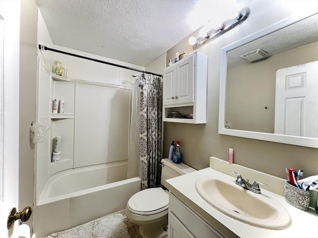 bathroom with visible vents, shower / bathtub combination with curtain, toilet, a textured ceiling, and vanity